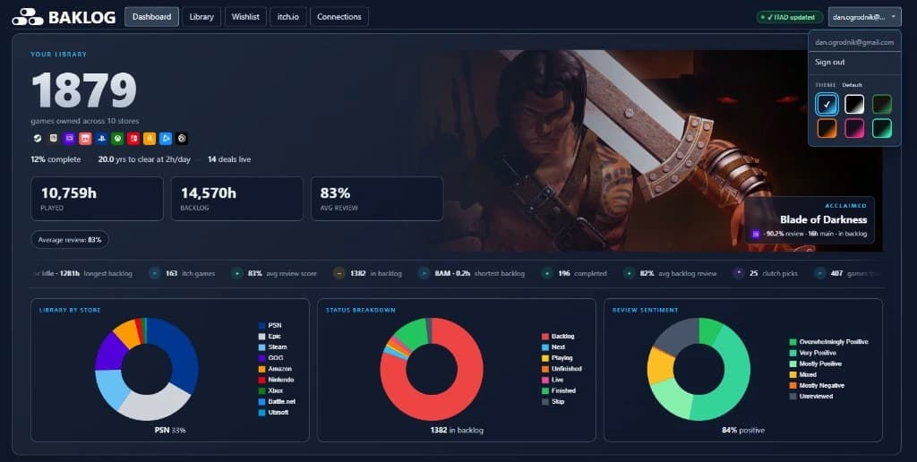 Homepage screenshot of BAKLOG - Local-first game library · Solo founder project
