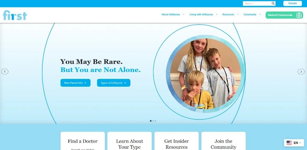 Homepage screenshot of FIRST - Foundation for Ichthyosis & Related Skin Types - Global rare-disease nonprofit